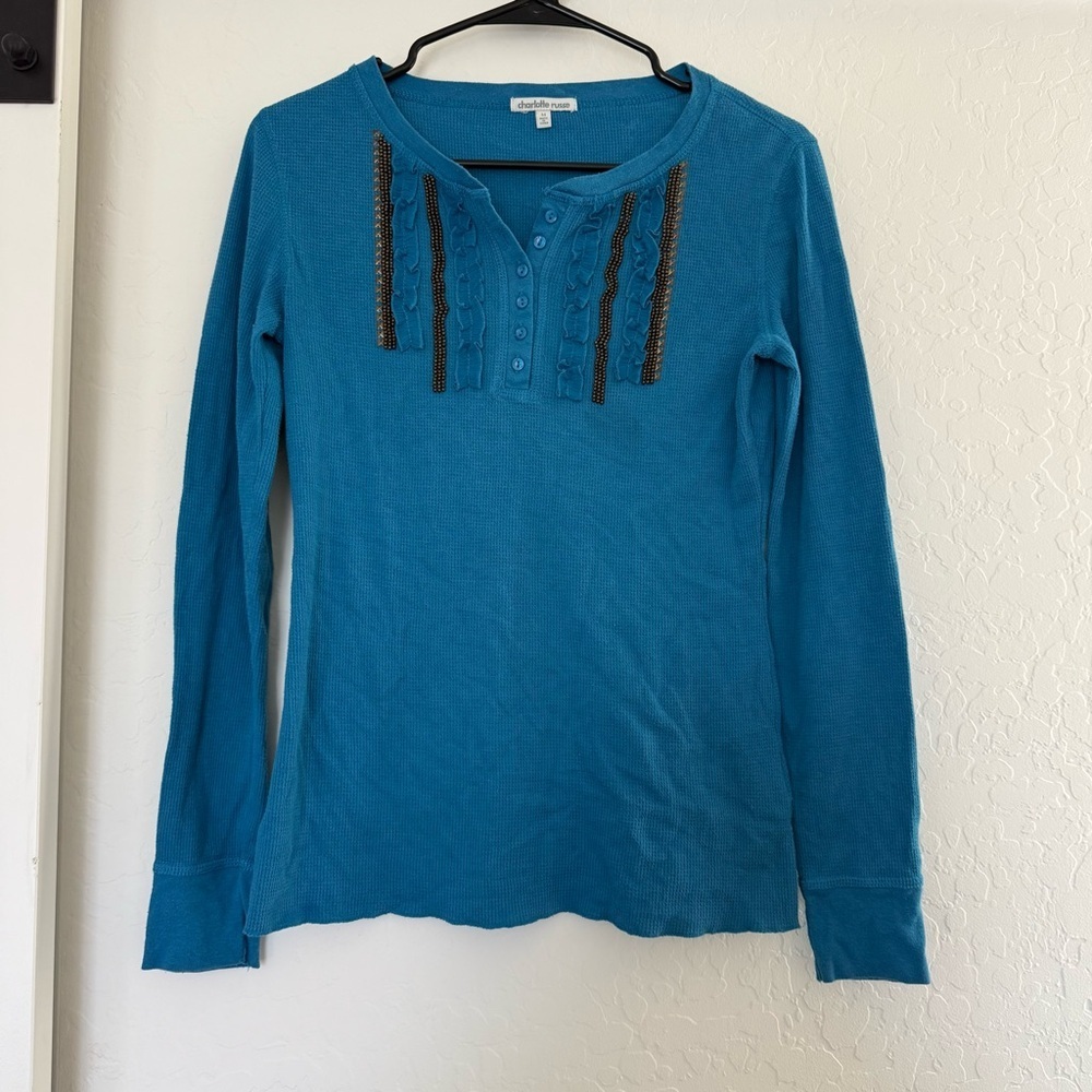 Vintage Y2K Charlotte Russe Waffle Knit Long Sleeve Henley Shirt Beaded Ruffle M
